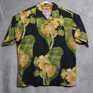 Tommy Bahama Shirt Mens Medium Black Green Floral Silk Cotton Hawaiian Camp